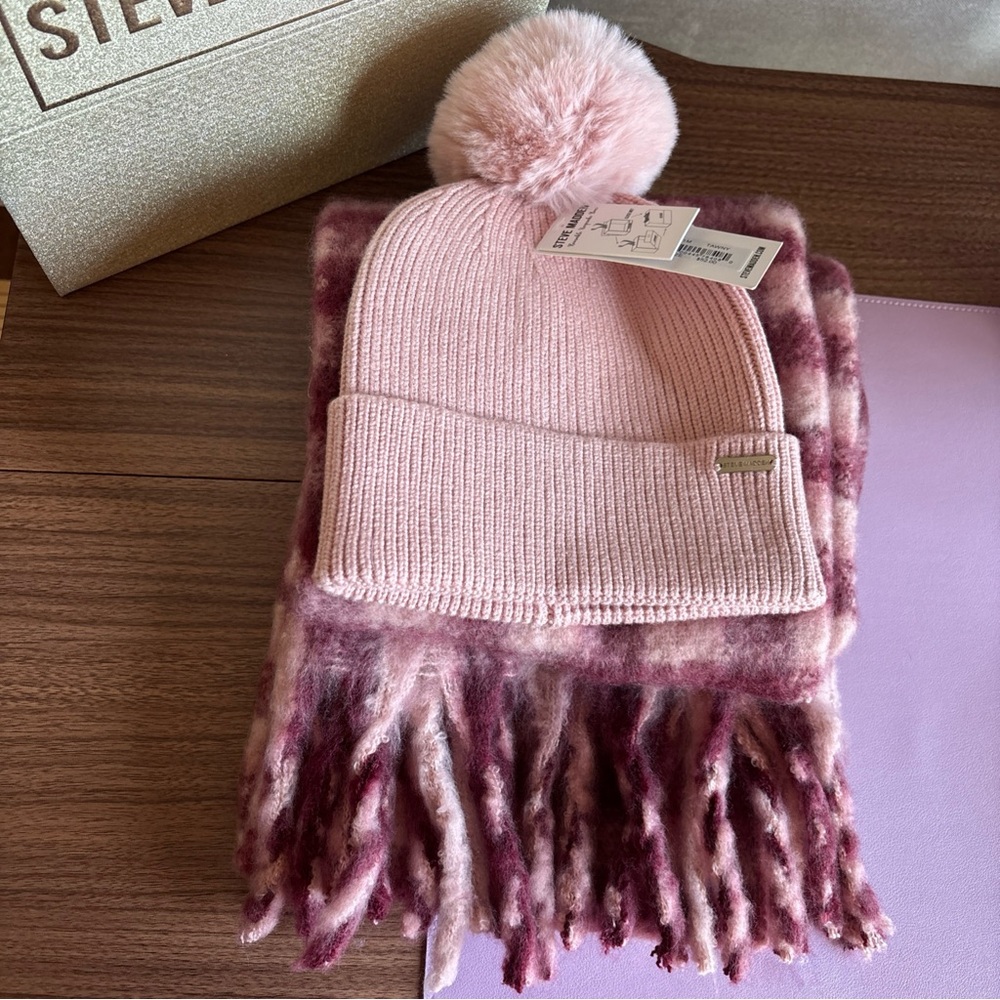 Steve Madden Pink Beanie Hat and Plaid Fringed Scarf Set with Gift Box NWT